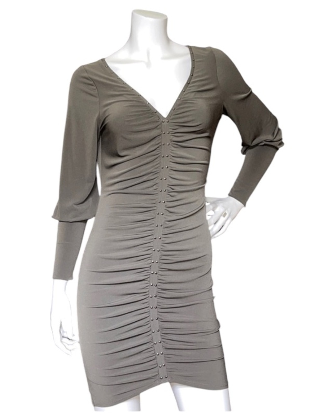 Y2K Hale Bob Long Sleeve Olive Green Ruched Studded Dress S
